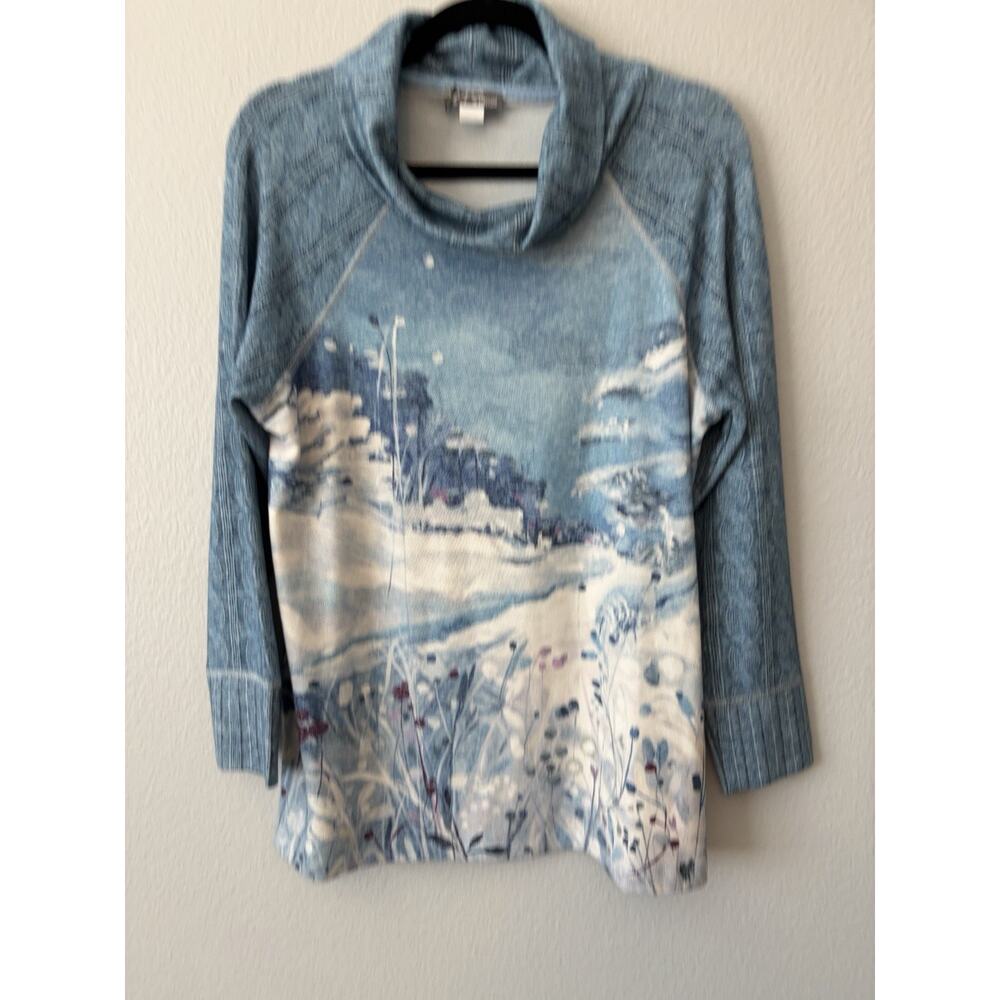 Dolcezza Simply Art Print Knit Cowl Neck Raglan Pullover Sweater L Winter Scene - Picture 2 of 11